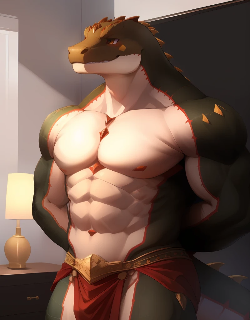 (((detailed eyes, detailed face))), (furry, gurangatch <lora:character_gurangatch_findigo_v2:1>, dragon tail, spikes), male, (plump:1.4), (red loincloth, topless), standing, (arms behind back), smile BREAK (konzaburou, ukan_muri, cute), bedroom, (soft shading), 8k, UHD, masterpiece, (full body)