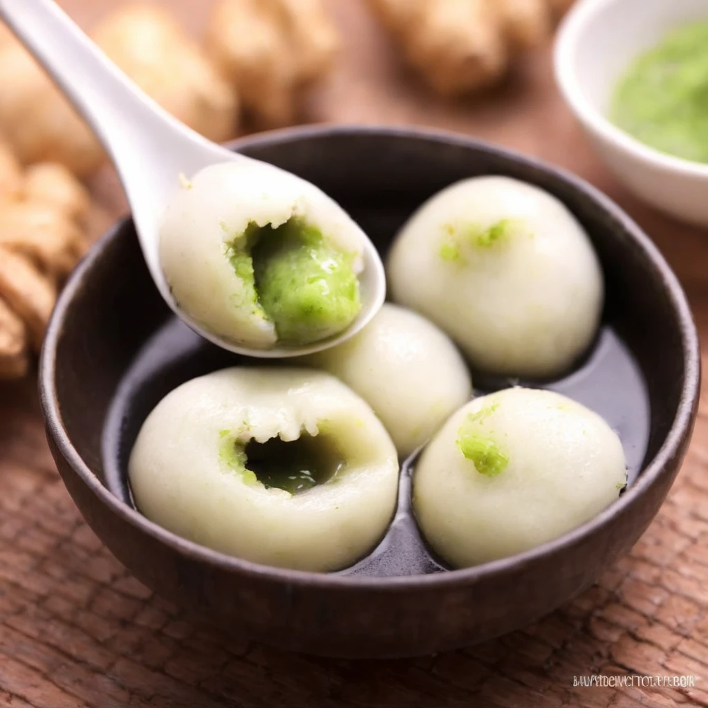 For a realistic style image of a spoon with some food in it,<lora:Tang_yuan:0.85>,wasabi filling,