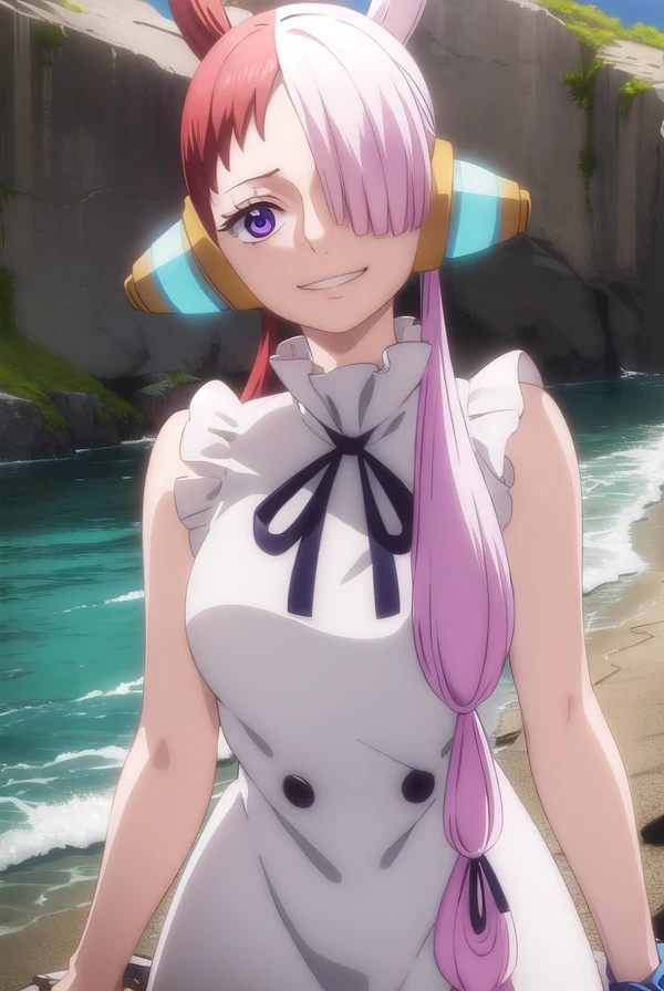 onepieceuta, <lora:uta red movie-lora-nochekaiser:1>,
uta, long hair, (purple eyes:1.1), white hair, red hair, multicolored hair, (hair over one eye:1.5), two-tone hair, split-color hair, hair rings, sidelocks, smile, grin,
BREAK dress, ribbon, jewelry, white dress, headphones,
BREAK outdoors, ocean, boat,
BREAK looking at viewer, (cowboy shot:1.5),
BREAK <lyco:GoodHands-beta2:1>, (masterpiece:1.2), best quality, high resolution, unity 8k wallpaper, (illustration:0.8), (beautiful detailed eyes:1.6), extremely detailed face, perfect lighting, extremely detailed CG, (perfect hands, perfect anatomy),