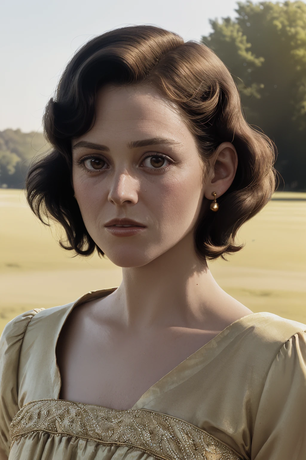 closeup of sgwver wearing a vintage [[golden]] dress, prewar [america] outdoors, smug expression, short hairdo, realistic, <lora:SgWver:1.0>