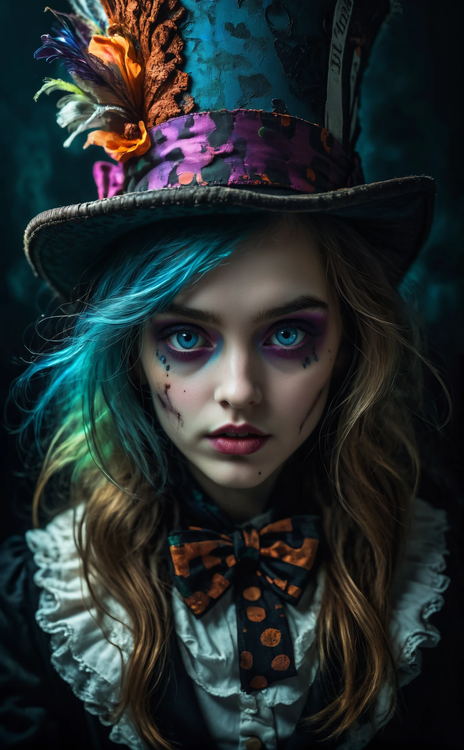 portrait young mad hatter girl,(crazy:1.4), alice in wonderland, rim light, dark light, low light,  cold colors, surreal art, portrait, creepy, horror, (vibrant colors:1.4),  deep detailed wonderland background, mat hatter makeup horror, vivid colors