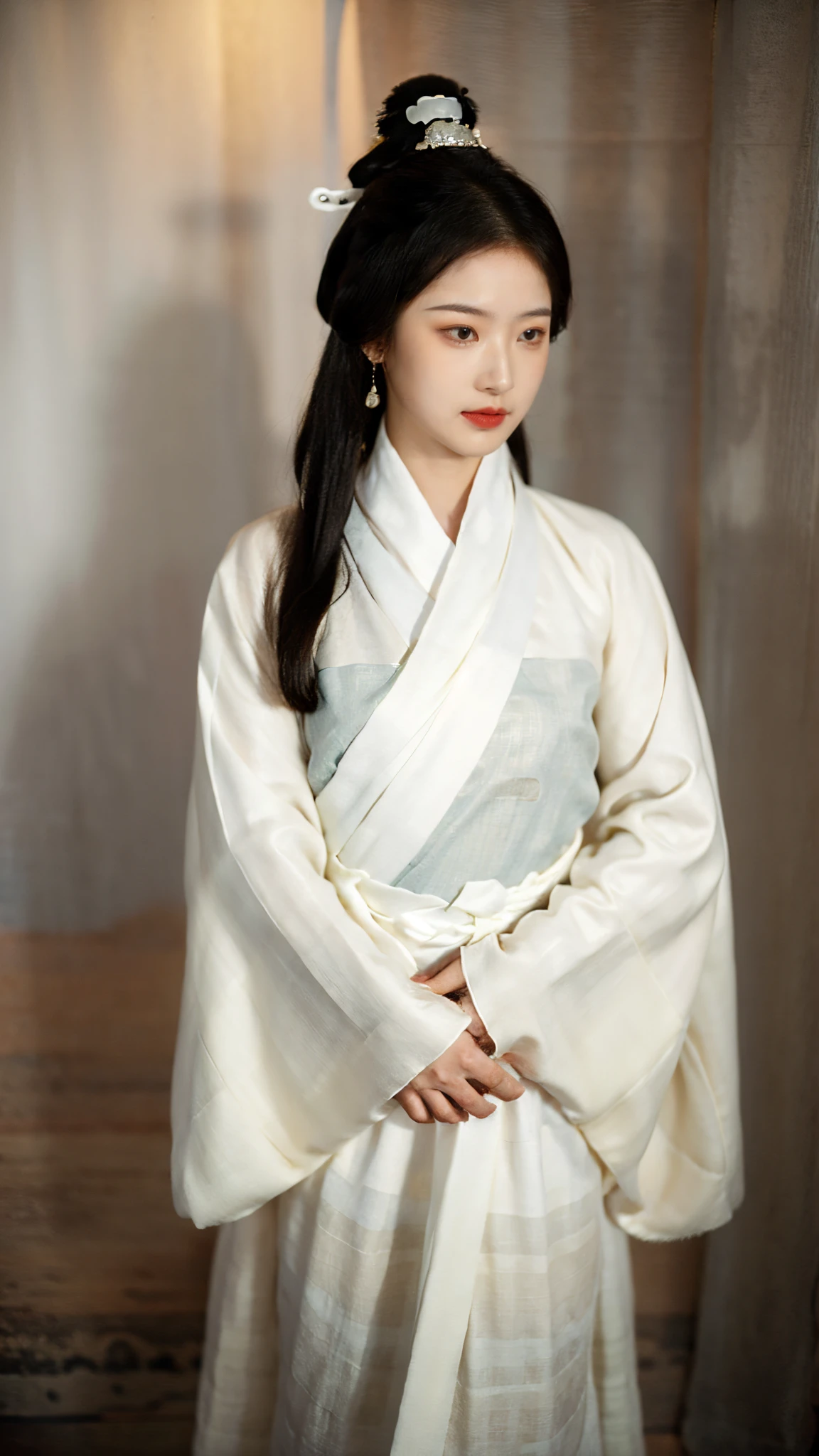 xiaolu,(han Makeup:1.3),(White hanfu:1.4),fine - art photography,soft portrait shot 8 k,mid length,ultrarealistic uhd full body,unsplash,(kodak ultra max 800),85 mm,intricate,centered symmetrical composition,stunning photos,masterpiece,grainy,centered composition,(sharp face:1.2),<lora:Han_Makeup_v1.0:0.8>,(solo:1.5),jewelry,holding,earrings,hair ornament,black eyes,long sleeves,full body,closed mouth,hairpin,