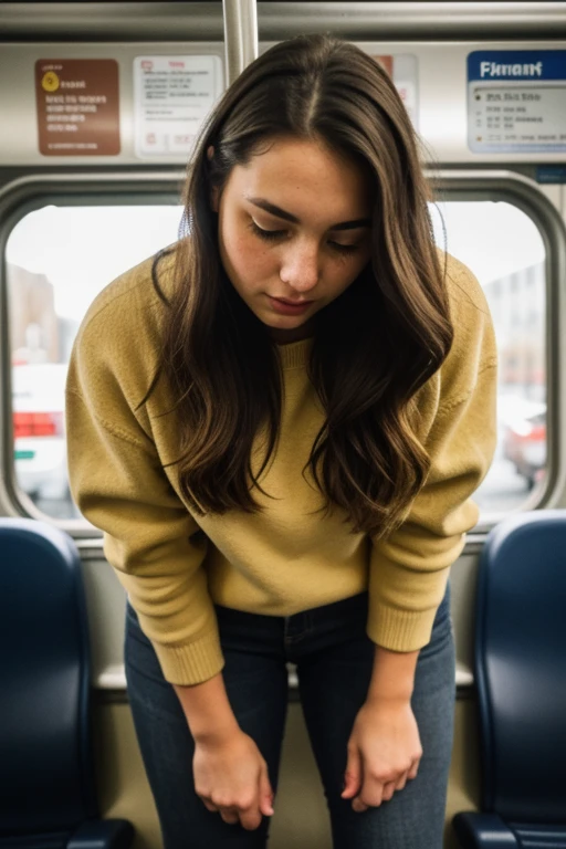 (from above:1.2), (extreme close up:1.2), 1girl, eyes closed, fashionable clothes, (skinny:1.2), downblouse, (nipslip:0.7), in subway car, in the seat, people around