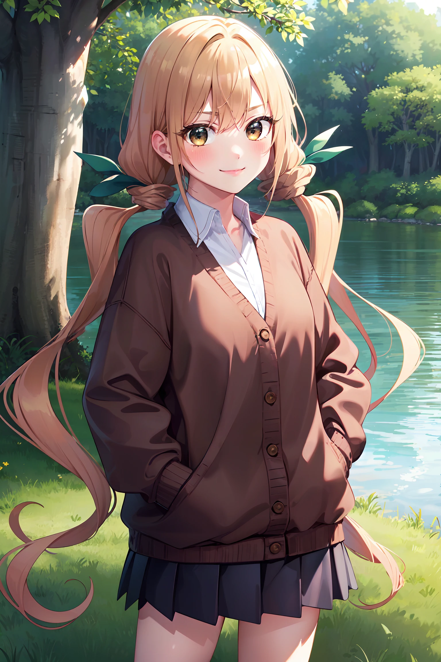 masterpiece, best quality, cowboy shot, looking at viewer, smile, blush, karane inda, very long hair, low twintails, green ribbon, school uniform, cardigan, collared shirt, pleated skirt, loose socks, shoes, hands in pocket, outdoors, nature, grass, river, tree, <lora:karane_inda_v1:1>