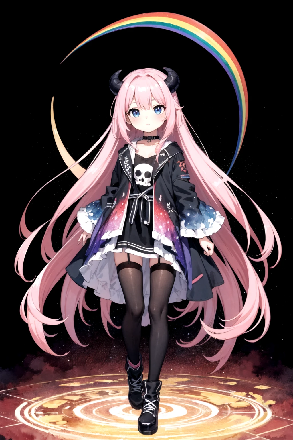 (masterpiece, top quality, best quality,watercolor (medium),official art, beautiful and aesthetic:1.2),(1girl:1.3), (fractal art:1.3),full body, looking at viewer,patterns,(rainbow color Hair,colorful hair,half blue and half pink hair:1.2), Movie Light, (Hell Building), Death Light, (Purple Particle), Demon, Moon, Bright Moonlight Skull, Very long hair, clothes with ridiculous Details, Whirlwinds,