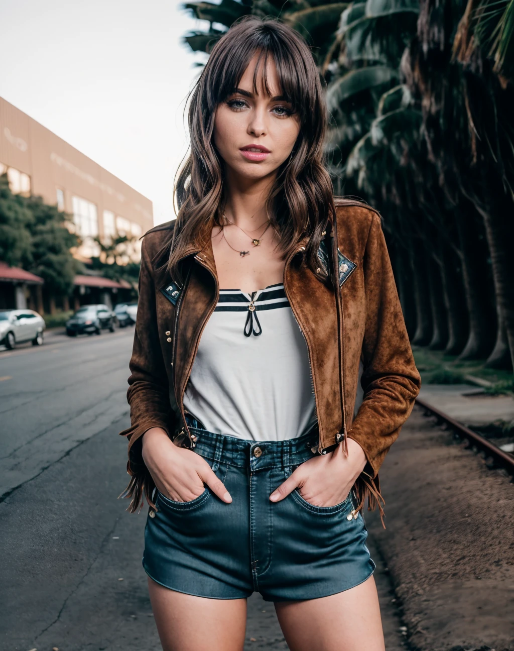 cinematic photo close shot photo of <lora:quiron_RileyReid_v1_Lora:0.87> RileyReidQuiron woman wearing an expensive Faux suede fringe jacket with a boho-inspired and free-spirited vibe and black striped tube socks with denim overalls, hd, hdr, 2k, 4k, 8k, canon, kodak, . 35mm photograph, film, bokeh, professional, 4k, highly detailed