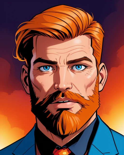 illustration, portrait of a handsome business man, modern, beard, office background, 2D flat, colored illustration, graphic novel style, cross hatching, inked, comic style, by phil noto and todd mcfarlane, sharp, extreme detailed, HD, HDR, 4K, masterpiece, high quality, high resolution, breathtaking, award-winning, professional