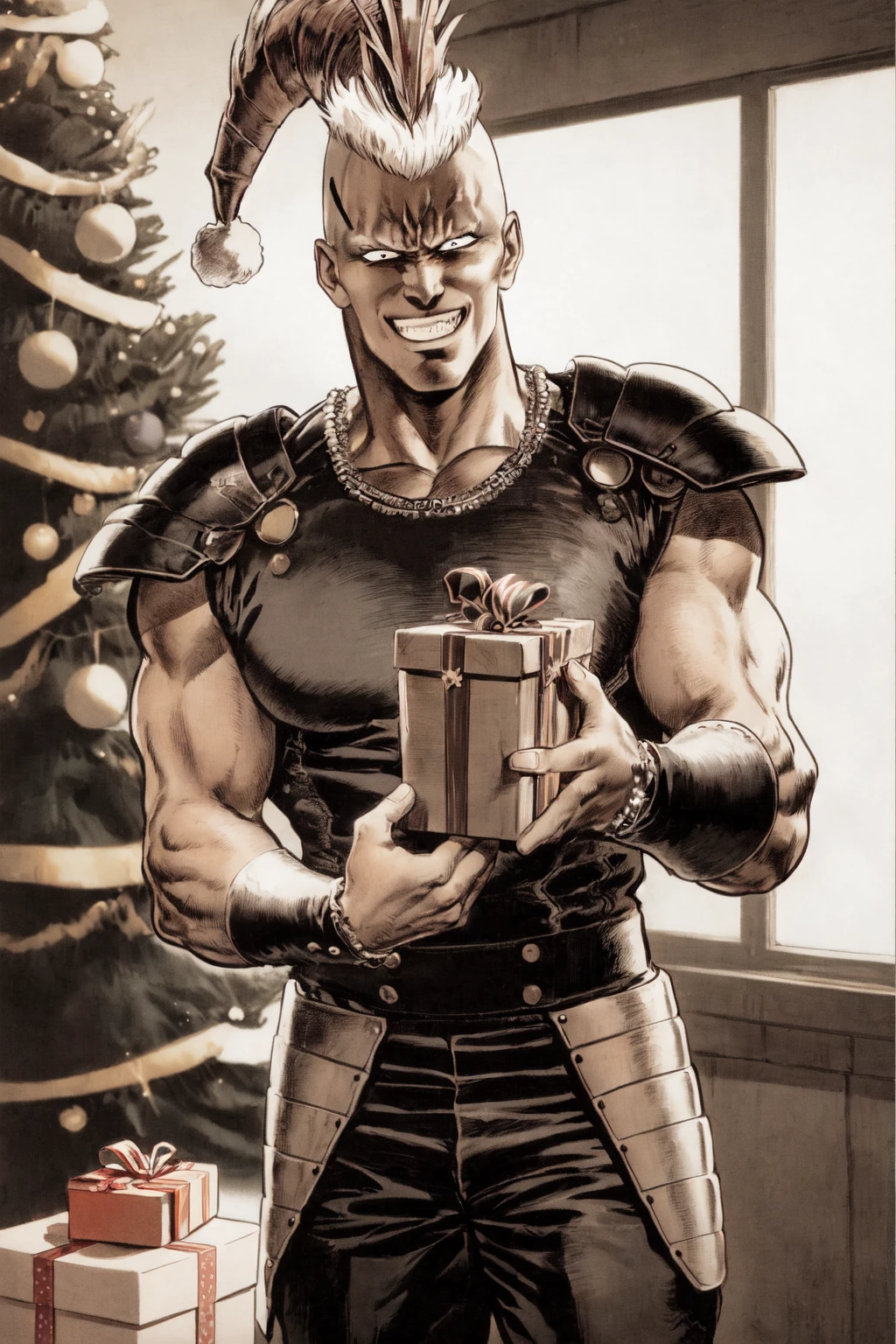 <lora:FistoftheNorthStar_ComicStyle-000060:0.8:lbw=outall>1boy, mohawk, bald, shoulder armor,grin,christmas, gift,, (best quality, masterpiece:1.3)