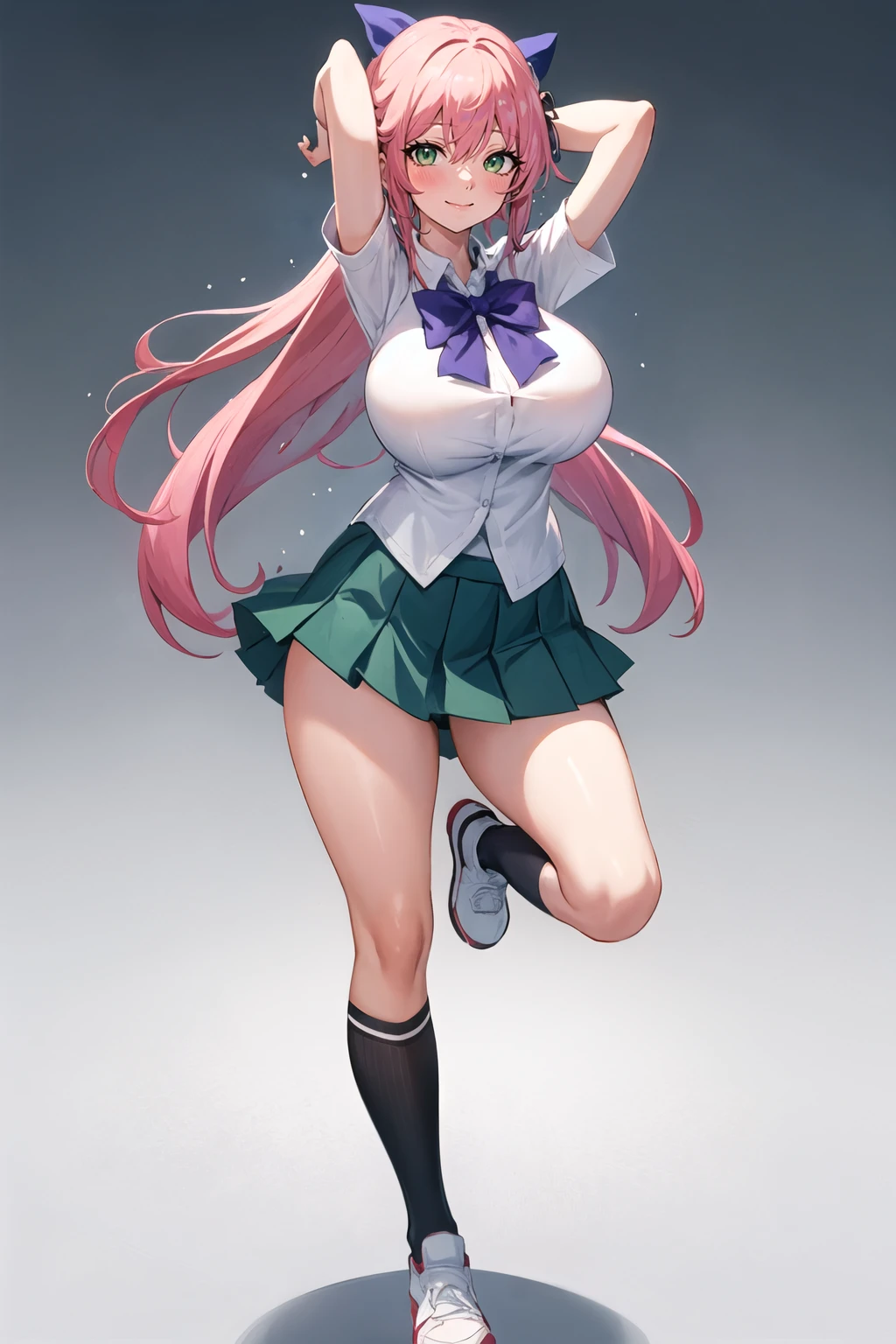 masterpiece, best quality, 1girl, solo, long hair, breasts, looking at viewer, blush, smile, bangs, skirt, large breasts, simple background, shirt, white background, bow, closed mouth, school uniform, green eyes, standing, full body, white shirt, pink hair, short sleeves, pleated skirt, shoes, socks, collared shirt, miniskirt, bowtie, huge breasts, arm up, gradient, kneehighs, gradient background, white footwear, standing on one leg, green skirt, black socks, purple bow, shirt tucked in, uwabaki, purple bowtie, tented shirt <lora:Doco-Style-v1_428072:1>