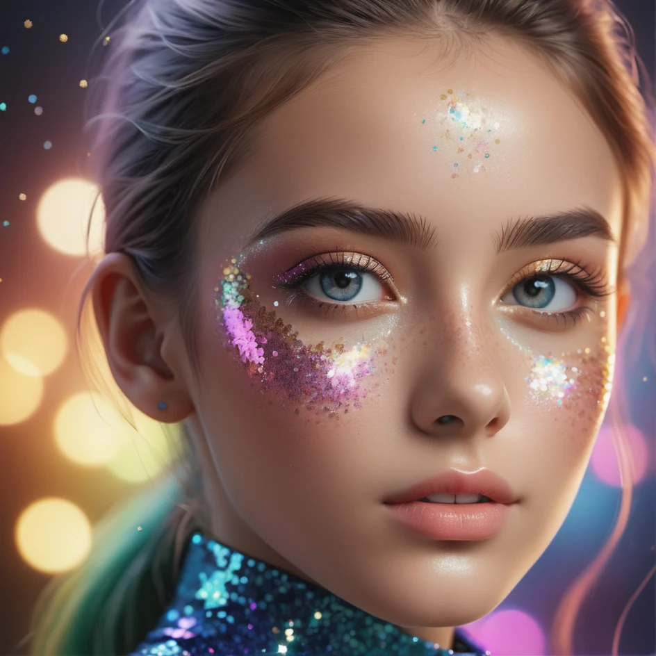 photo, 8k portrait 1girl, glitter, high_resolution, detailed, portrait, shiny skin, multicolor,