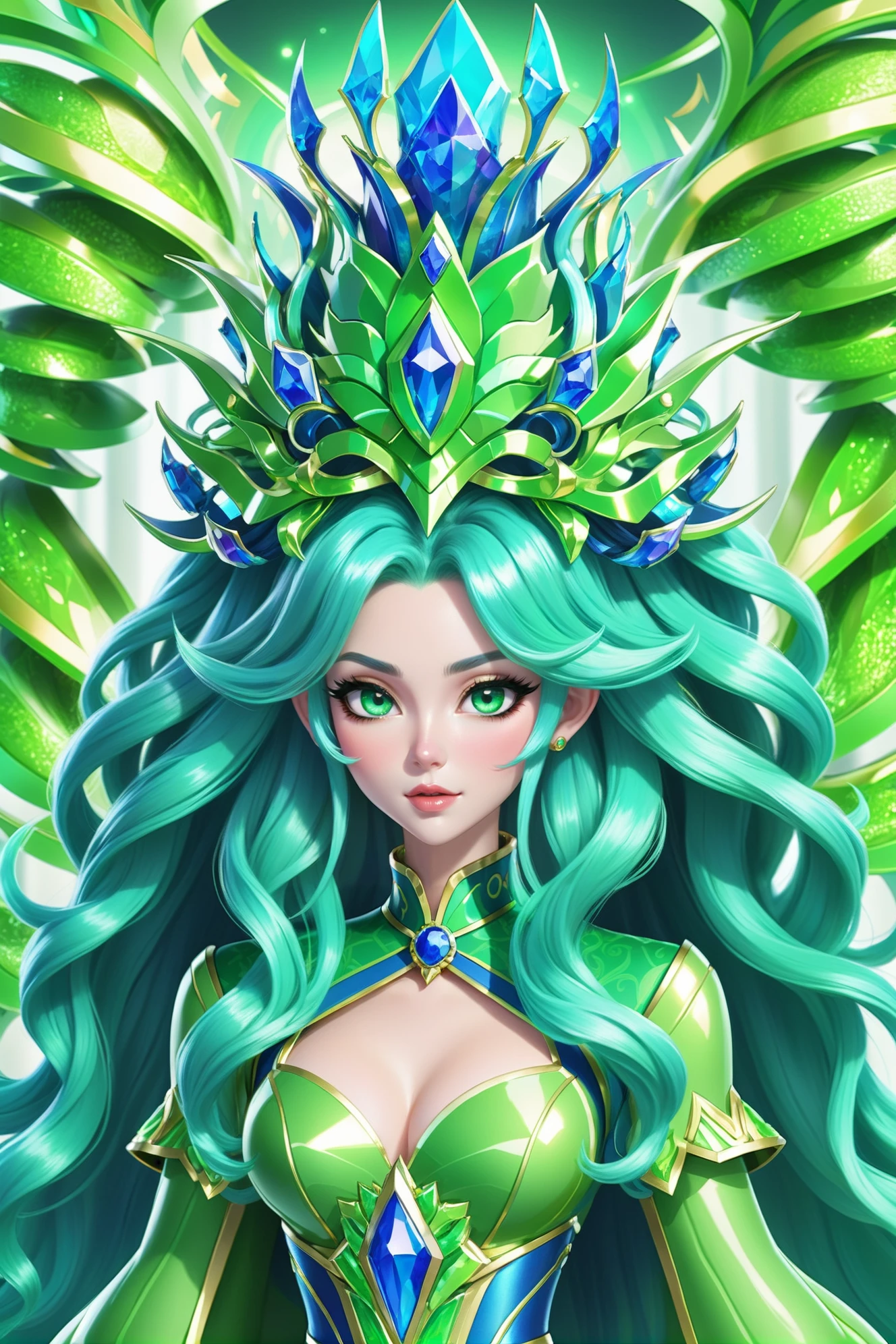 <lora:EnvyBiophilicXL01:3><lora:EnvySendNoodzXL01:0>1girl, woman, evil queen, (huge opulent crown:1), bombshell hair, green hair with azure highlights, Tapered Cut, average figure, chinese<lora:EnvyBetterHiresFixXL01:0:hr=1>