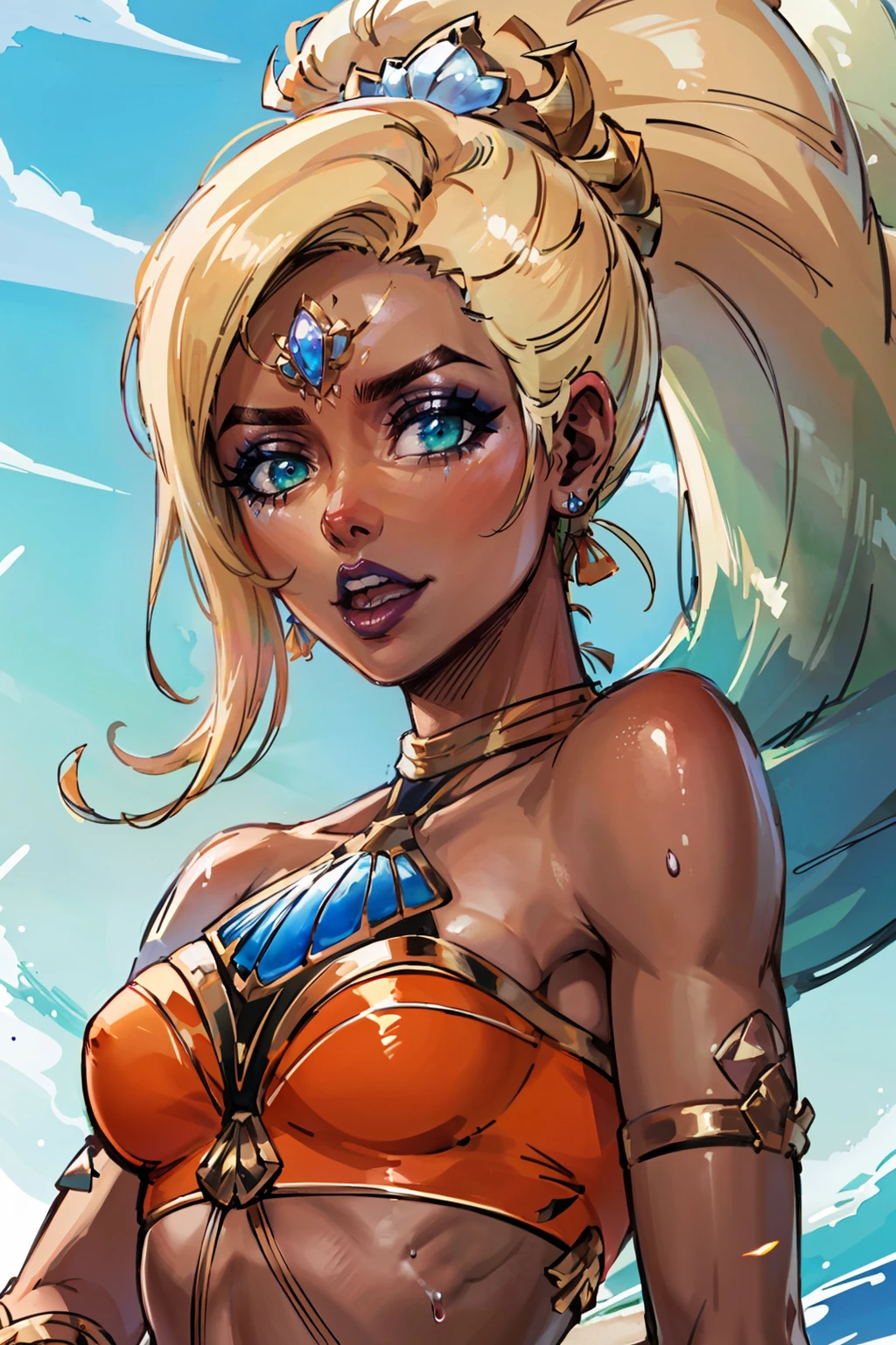 2d, masterpiece, best quality, anime, highly detailed face, perfect lighting, long hair, blonde hair, ponytail, green eyes, jewelry, makeup, earrings, multicolored hair, facial mark, lipstick, oc_nidalee, <lora:ocean_song_nidalee_1-10:0.9>,