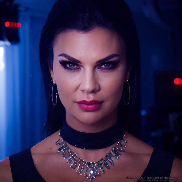 (masterpiece:1.2), (best quality,:1.2), 8k, HDR, ultra detailed, ((photorealistic)), professional light, cinematic lighting, fashion photography, ambient lighting, face lighting, Jasmine, <lora:Jasmine-10:1>, ((upper body shot)), earrings, choker, necklace, dark makeup, long and messy hair, dynamic pose, seductive,