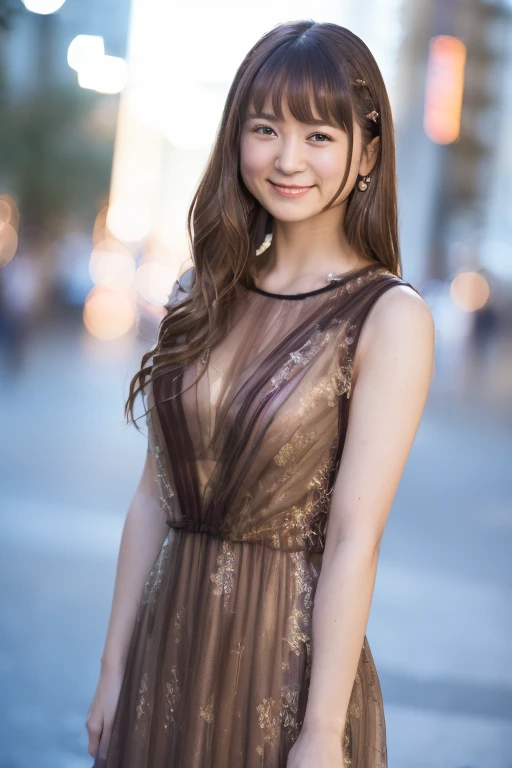 1girl, (wearing an evening dress:1.8),(RAW photo, best quality), (realistic, photo-realistic:1.4), masterpiece, an extremely delicate and beautiful, extremely detailed, 2k wallpaper, Amazing, finely detail, extremely detailed CG unity 8k wallpaper, ultra-detailed, highres, soft light, beautiful detailed girl, extremely detailed eyes and face, beautiful detailed nose, beautiful detailed eyes,cinematic lighting,(in the city at night:2.0),(night city view:1.8),perfect anatomy,(slender body:2.0),(laughing:2.0),(close up:2.0),(eyes wide:1.4),(looking at viewer:1.8),(japanese idol:1.8),cinematic angle,(wavy hair), (brown eyes:1.8),(standing:2.0), (cleavage:1.2), <lora:watadamisaki_lora-01:0.8>