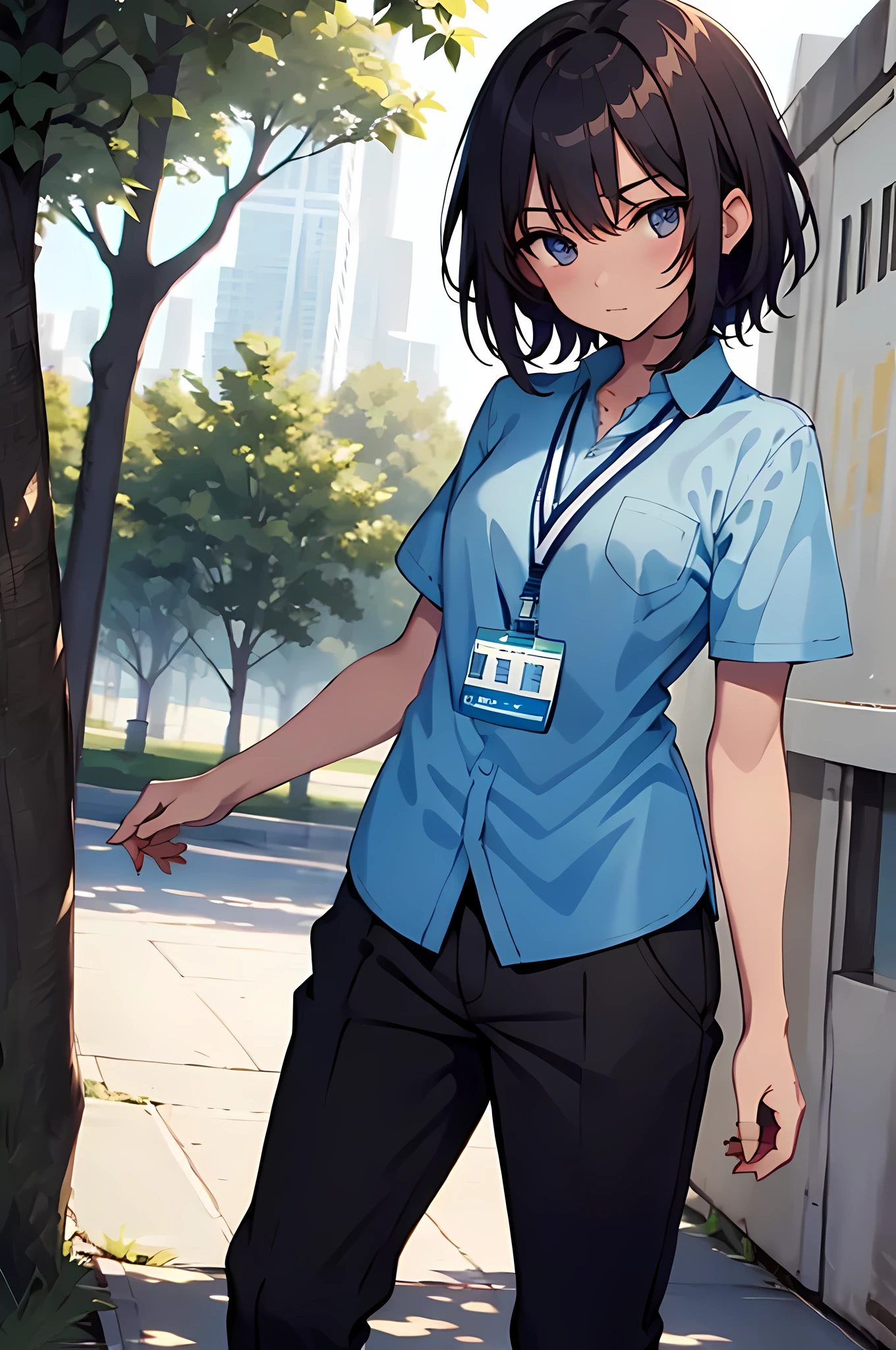 ((best quality)), (masterpiece), student, (detailed eyes), wearing uniform, short sleeves, light blue shirt, lanyard, black pants, standing, park, anime