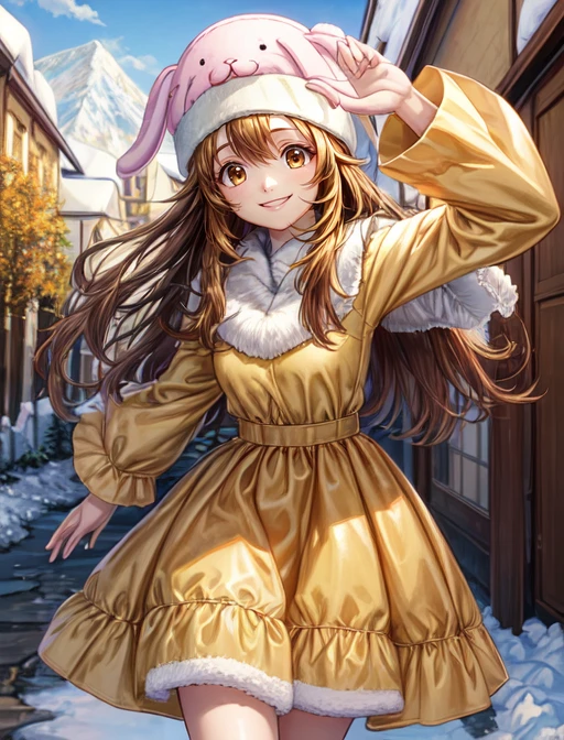 best quality, masterpiece, highres, detailed, digital artwork, <lora:Detail - add_detail:0.2>, HxHHina, animal hat, brown eyes, yellow dress, fur trim, <lora:HxHHina-10:0.8>, happy, smile, winter