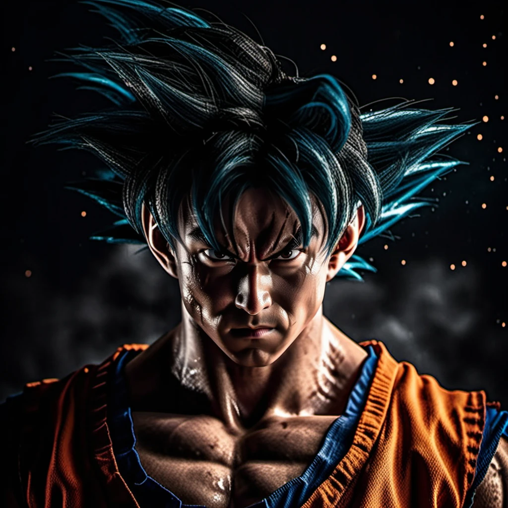 Goku1024 , a man, closeup portrait, dragon in the background, highly detailed, photography, ultra sharp, film, bokeh, professional, 64k <lora:Goku1024:0.7>