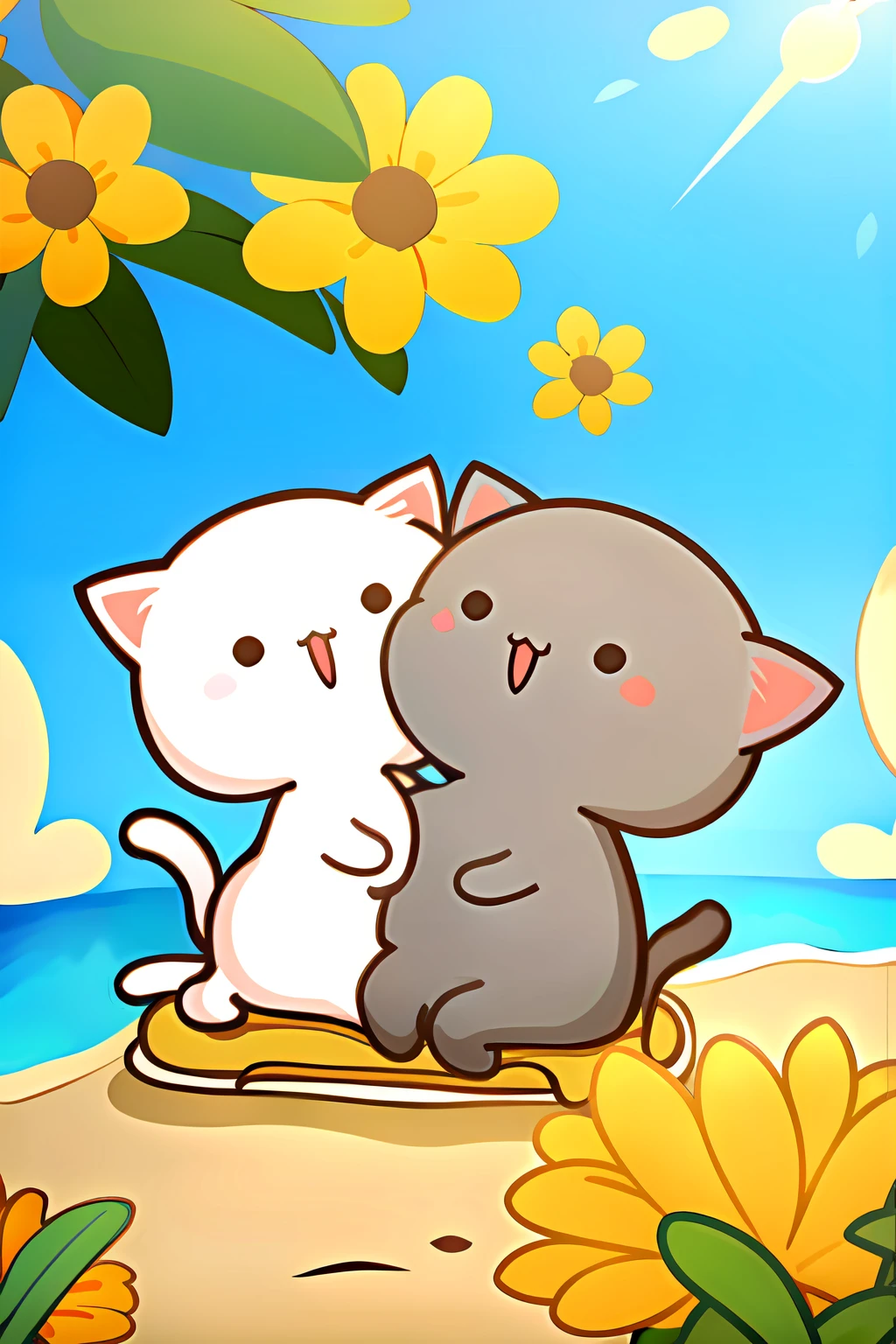 <lora:GomaandPeach-V1_0:1>,goma and peach,(2 cats:1.3),(sunny day:1.5),love,romance,