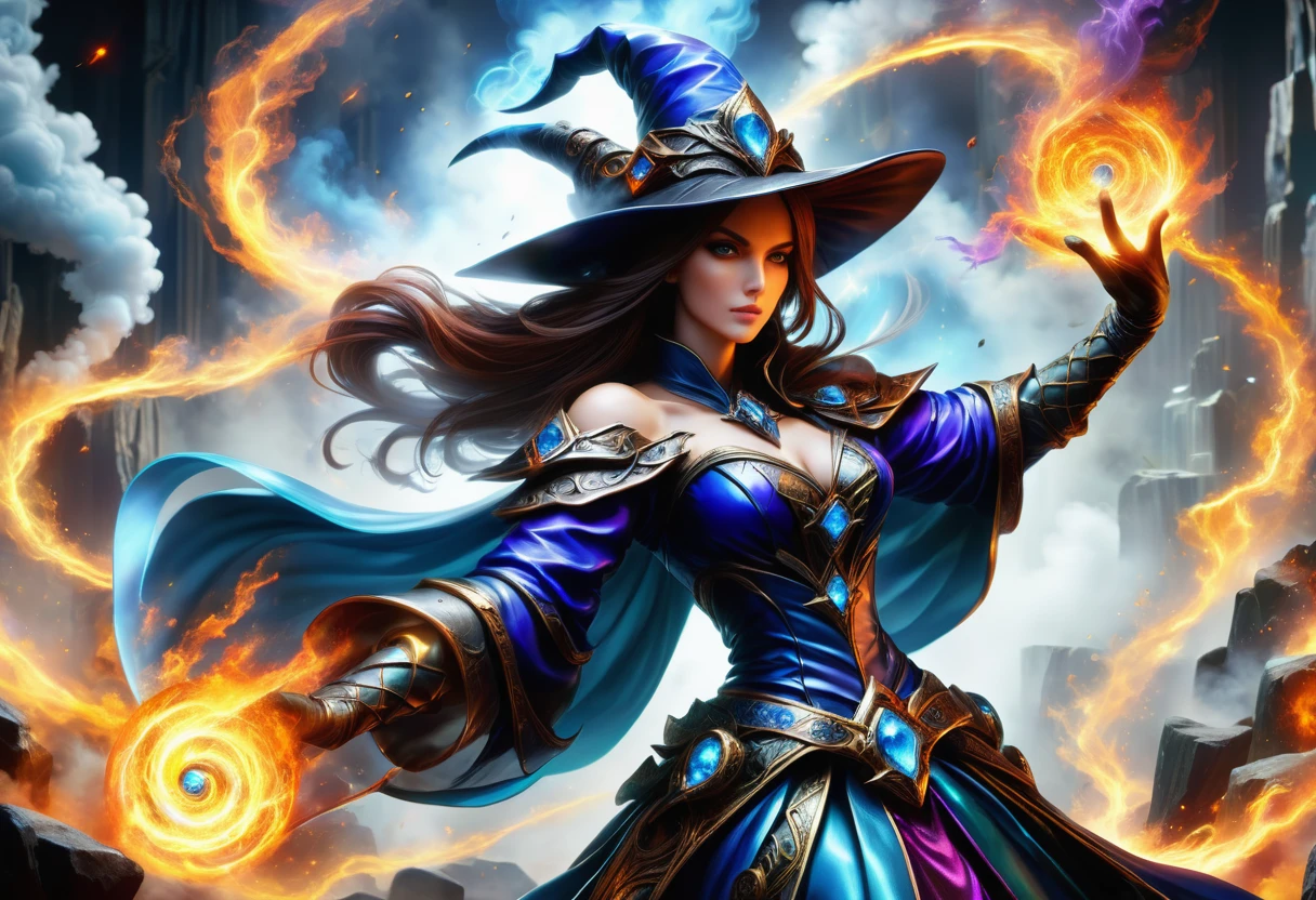 hyper detailed masterpiece, dynamic, awesome quality,  rocky steam DonMM4g1cXL magic, sorceress <lora:DonMM4g1cXL:1>