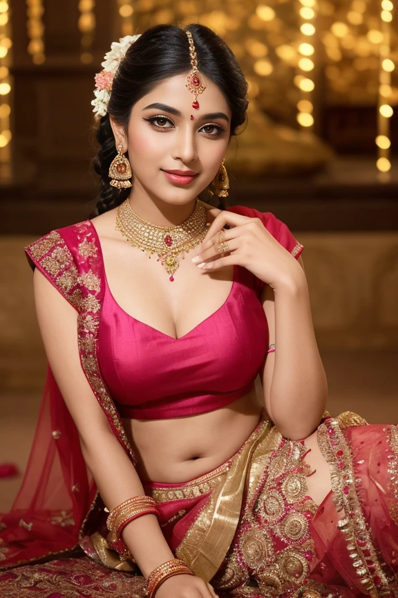 "A woman in a traditional Indian lehenga at a Diwali festival, her pose elegant and celebratory. Her makeup is vibrant, with kohl-lined eyes, and her hair is styled in a lavish braid adorned with flowers."