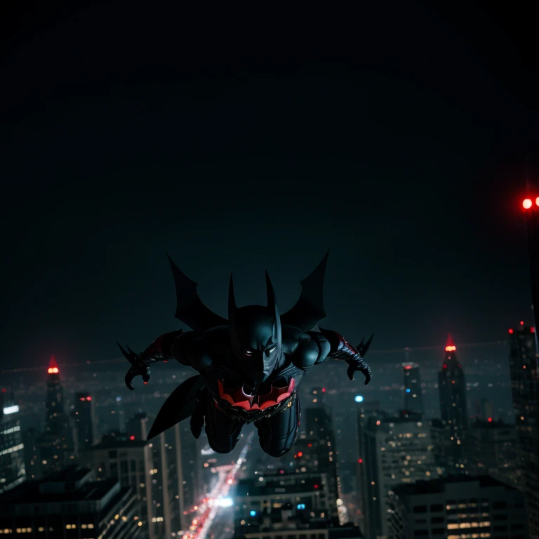 cinematic film still of <lora:Batman Beyond SD1.5:1.2>
Batman Beyond a batman flying over a city at night, shallow depth of field, vignette, highly detailed, high budget, bokeh, cinemascope, moody, epic, gorgeous, film grain, grainy