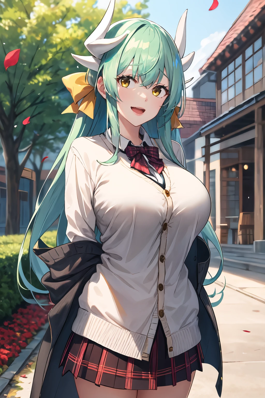 masterpiece, best quality, highres, aakiyo, long hair, aqua hair, white horns, hair bow, yellow bow, yellow eyes, <lora:kiyohime_(lancer)_v1:0.8>, (cardigan), plaid skirt, arms behind back, smile, open mouth, petals, outdoors, gigantic breasts <lora:Bonnie-Style_448248:1>