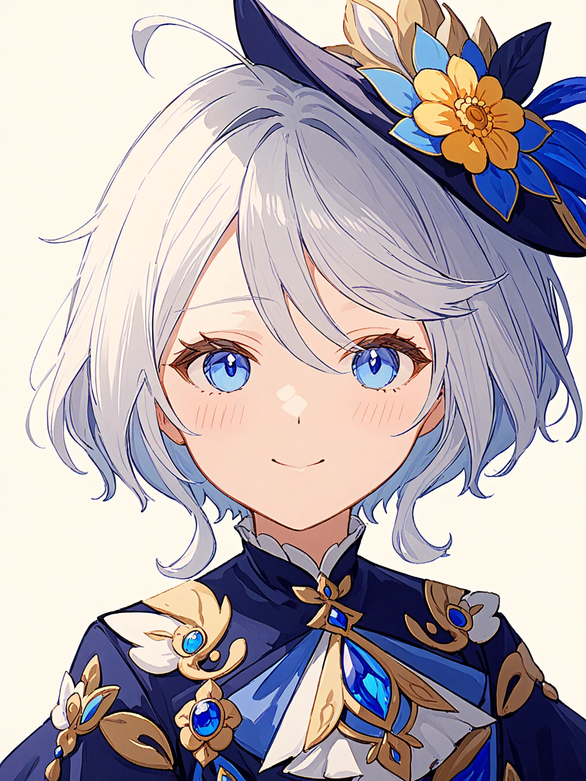 <lora:shuishen:1>,1girl, solo, smile, looking_at_viewer, flower, white_background, closed_mouth, portrait, short_hair, simple_background, furina_clothes