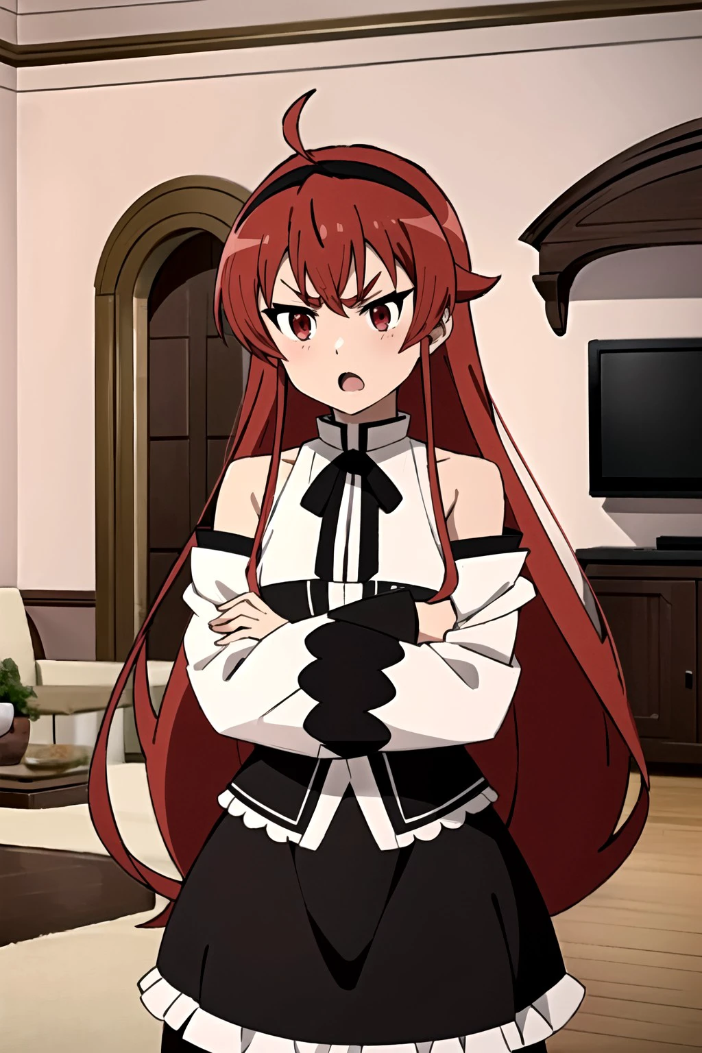 (masterpiece:1.4), (best quality:1.4), (((pixel-perfect, detail-perfect))), 1girl, solo, eris boreas greyrat, red hair, long hair, hair between eyes, thick eyebrows, ahoge, black hairband, red eyes, small breasts, white jacket, bare shoulders, long sleeves, wide sleeves, black ribbon, black long skirt, frilled skirt, petticoat, white pantyhose, black mary janes, crossed arms, tsundere, annoyed, open mouth, (indoors, greyrat castle, living room:1.35), (detailed:1.3), flat, flat colors, 2D, (anime:1.3),  <lora:Eris Boreas Greyrat (Mushoku Tensei):0.7>