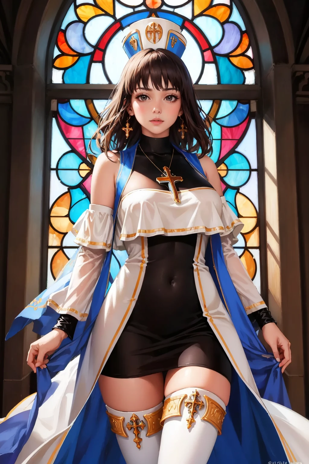 masterpiece, best quality, <lora:dnfcrusader-nvwls-v1-000010:0.9> dnfCrusader, hat, cross necklace, cross earrings, black dress, detached sleeves, large breasts, cowboy shot, white thighhighs, serious, looking at viewer, church, stained glass