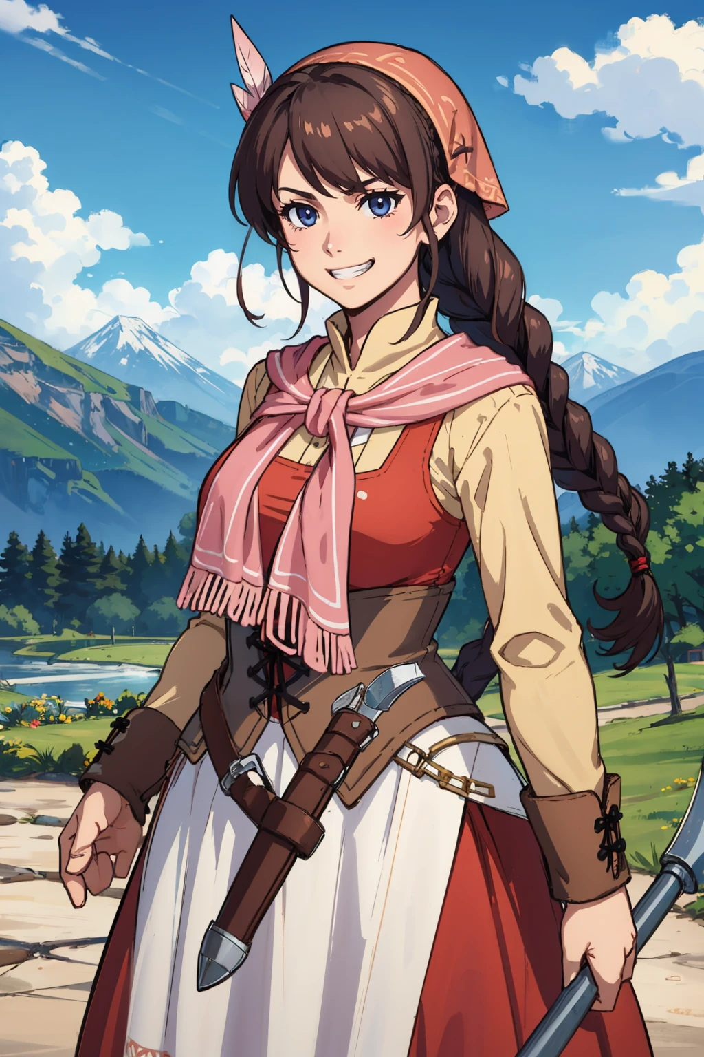 masterpiece, best quality, <lora:yunica-nvwls-v1-000009:0.9> yunica, braided ponytail, bandana, feather hair ornament, pink scarf, red dress, corset, apron, standing, holding axe, furrowed brow, grin, sky, mountains