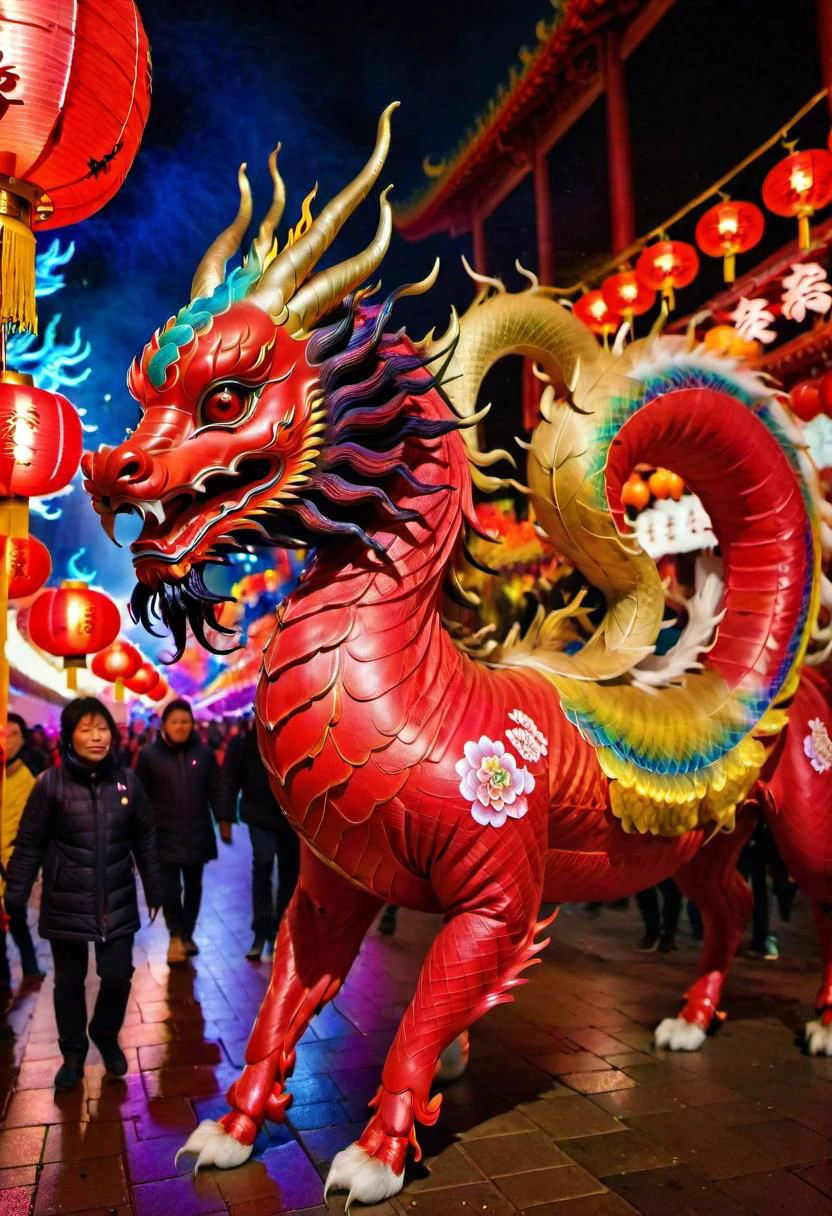 A vivid and ((multicolored Qilin), midnight, in a chinese red lantern festival street with people walking around), magnificent horns, vibrant feathers, majestic and legendary, captures attention with its vibrant hues, colorful high contrast, from china, festival of rich colors, hong kong, epic colors, formidable, rain, eyes lit, standing in the dark, anamorphic lens flares 4k, best of behance, holy flame crown spell, creative commons attribution, wallpaperflare, steven jung, trending on mentalray, hyper realstic, featured on pexels, big horn, highly beautiful, casting a magic spell, color overlay, =	,