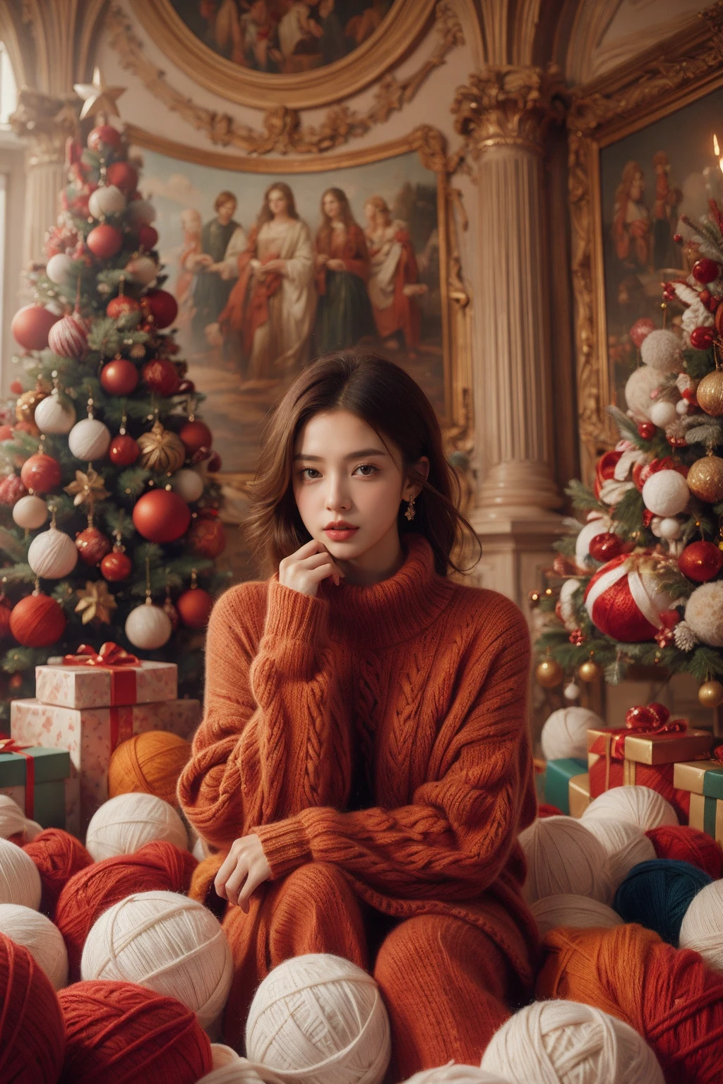 <lora:èèçº±çº¿ç:0.6>,1girl in red sweater,giant yarn ball,created infinite,extremely detailed,beautiful,dramatic,intricate,elegant,cinematic,light,dynamic composition,surreal,christmas,christmas tree,