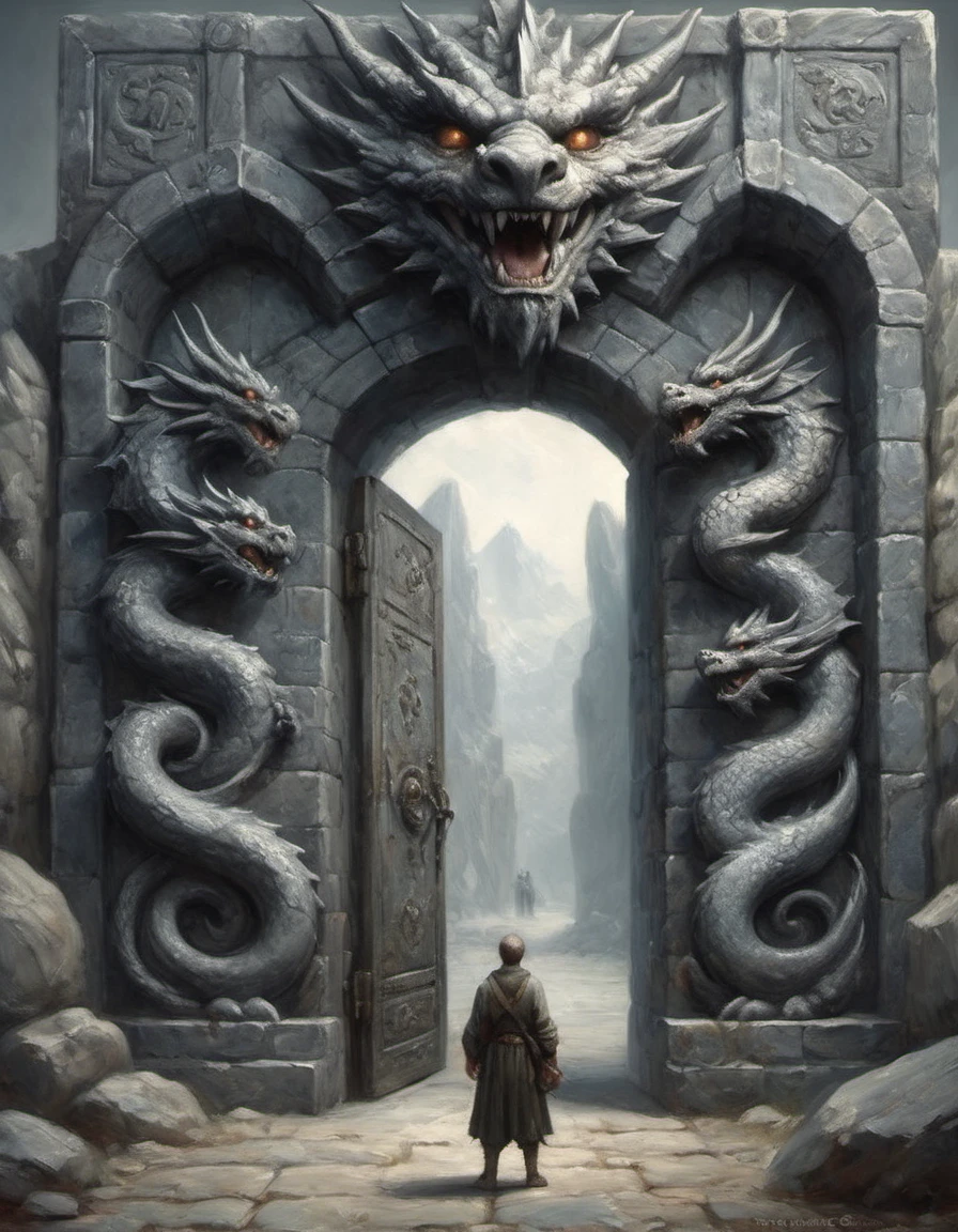 a traveler looks tiny before massive slate gray stone doors slightly open guarded by a fierce dragon enormous stone doors ajar hyperrealism