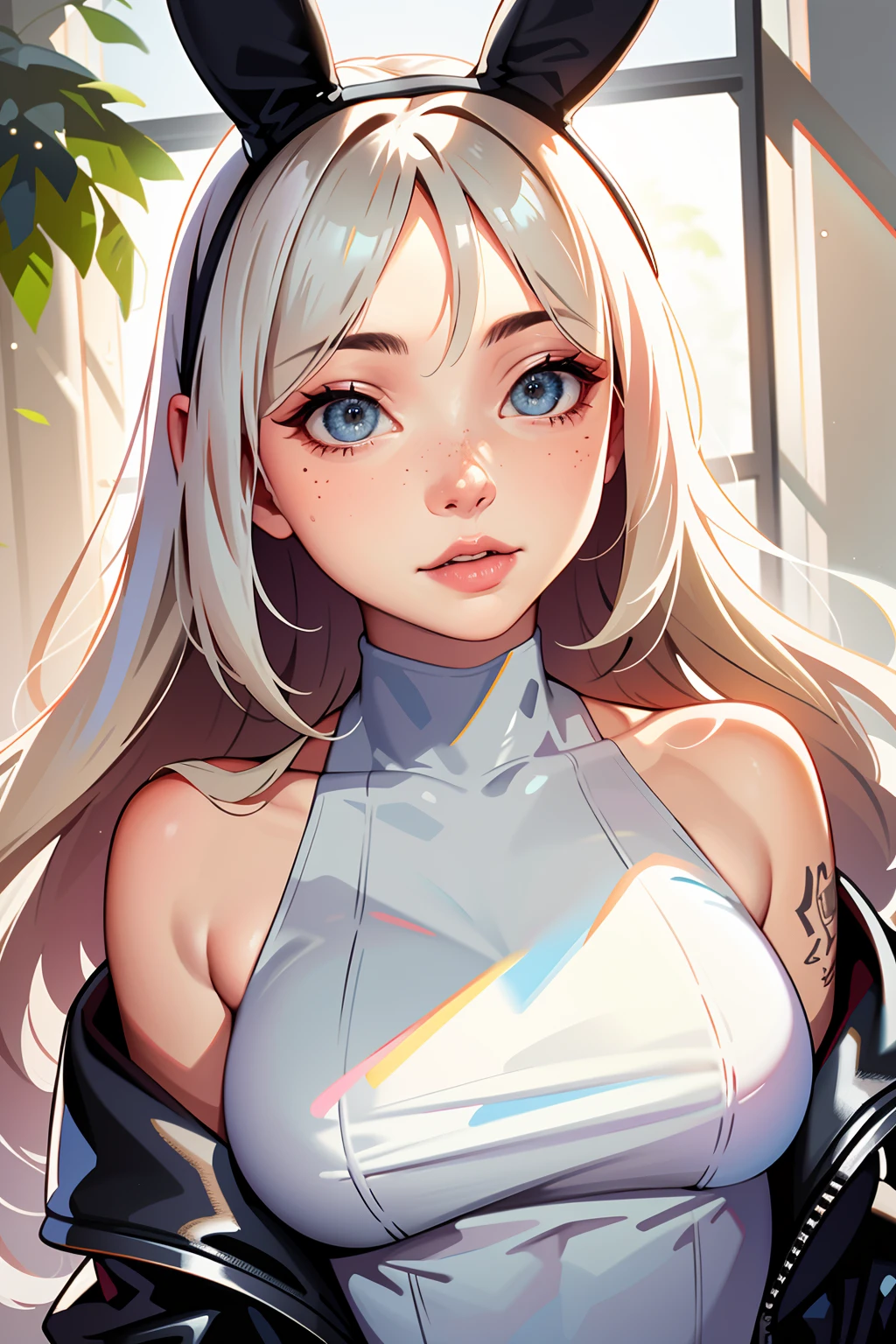 (masterpiece, best quality, high resolution:1.2), (seductive pose:1.2), (dynamic angle), detailed background,
casual photography, HDR, natural light, (anti-aliasing:1.2), elegant, soft scattered light, realistic proportions, limited palette, backlit, accent lighting, (neutral colors:1.3), cross process, cinematic lighting, coherent light, coherent shadows, depth of field, 35mm photograph, film grain, film stock photograph ,kodak portra 400, camera f1.6 lens , lifelike texture,
detailed face, detailed eyes, detailed skin, extremely detailed, intricate details,
<lora:ZH_Mushyee_v1:1>, 1girl, solo, long hair, freckles, tattoo, piercing, zh_mushyee_cosplaygirl, ((turtleneck dress)), leather jacket, bunny ears, ((close-up, portrait))