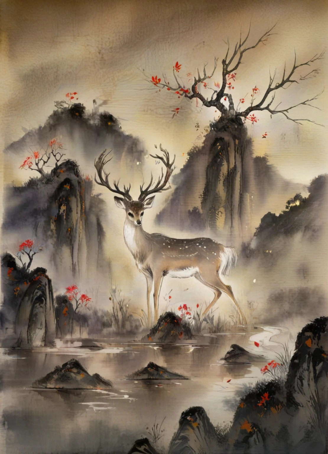 a deer in landscape, traditional ink art, mountain, trees, river