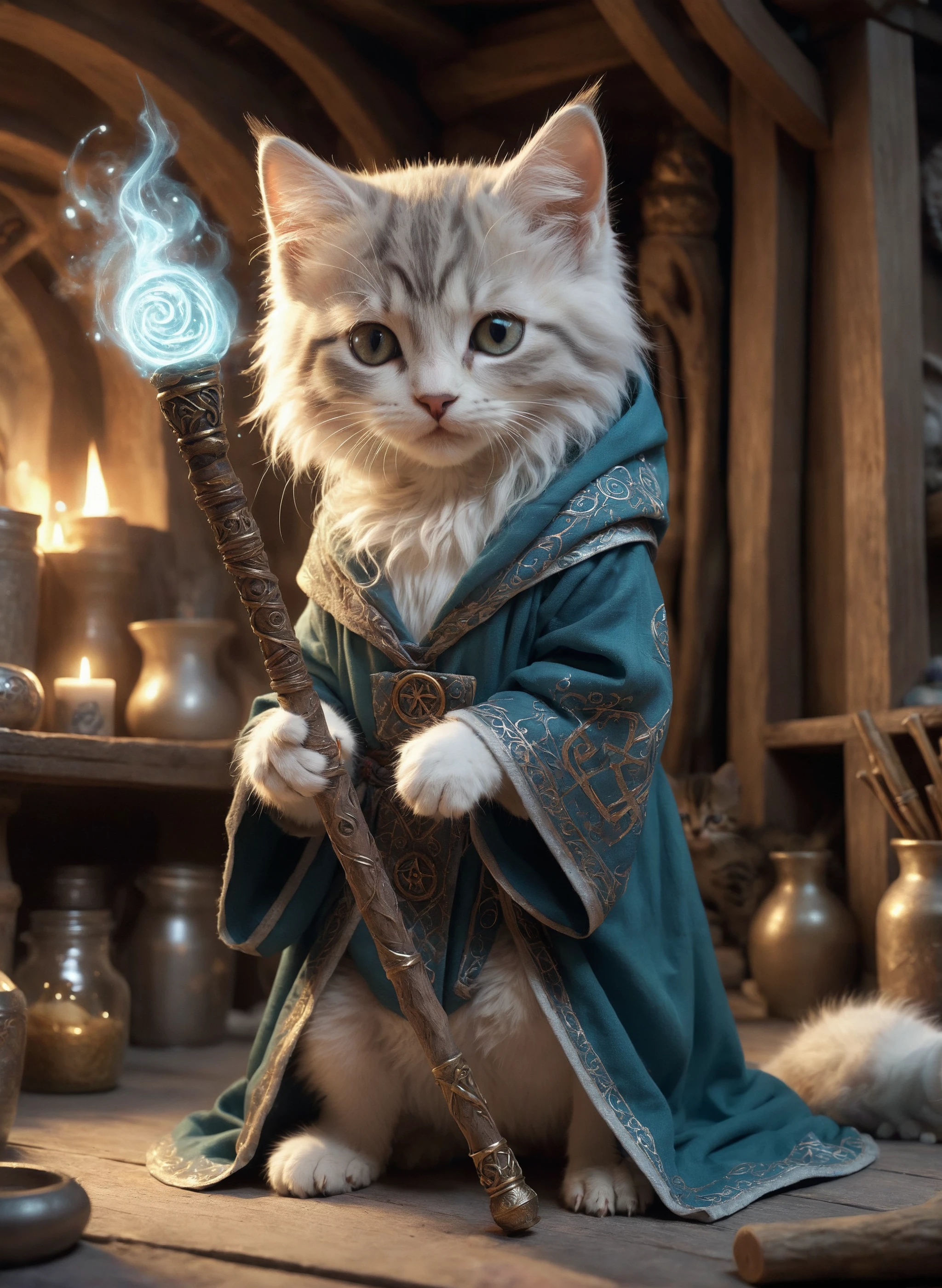 An enchanting image featuring an adorable kitten mage wearing intricate ancient robes, holding an ancient staff, hard at work in her fantastical workshop, intricate runic symbols swirling around her, it's clear that she's busy casting a powerful spell. Her fluffy tail sways gently as she concentrates on the task at hand, adding to the whimsical atmosphere of this magical scene. The soft lighting and detailed surroundings create an immersive environment where imagination runs wild. This charming artwork is sure to delight fans of both kittens and fantasy worlds alike, transporting them into a realm filled with wonder and possibility, hyper-detailed, high quality visuals, dim Lighting, ultra-realistic, sharply focused, octane render, 8k UHD