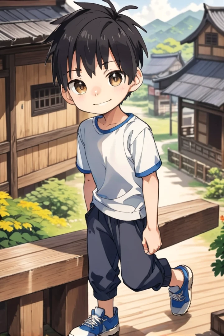 <lora:cutifiedanimecharacterdesign_variant_type_D_SDXL_v10:0.7>
type-d, solo, looking at viewer, smile, short hair, shirt, black hair, 1boy, brown eyes, male focus, male child, wooden village, full shot, sneakers