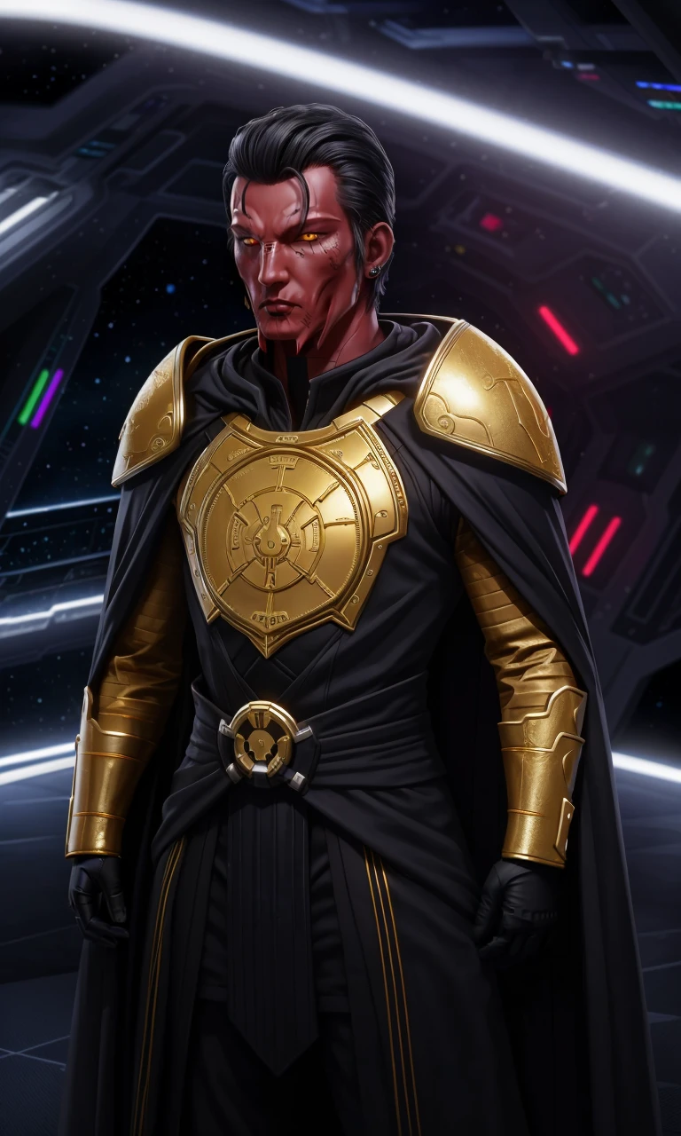 sthp2023, red alien, 1man, red skin, yellow eyes, gold face piercings, black hair, 8k, uhd, best quality, trending on arstation, masterpiece, raw image, skin pores, detailed skin, 5 fingers, gaunt, cape, spaceport, ships in background,  star wars, short hair, tentacles,