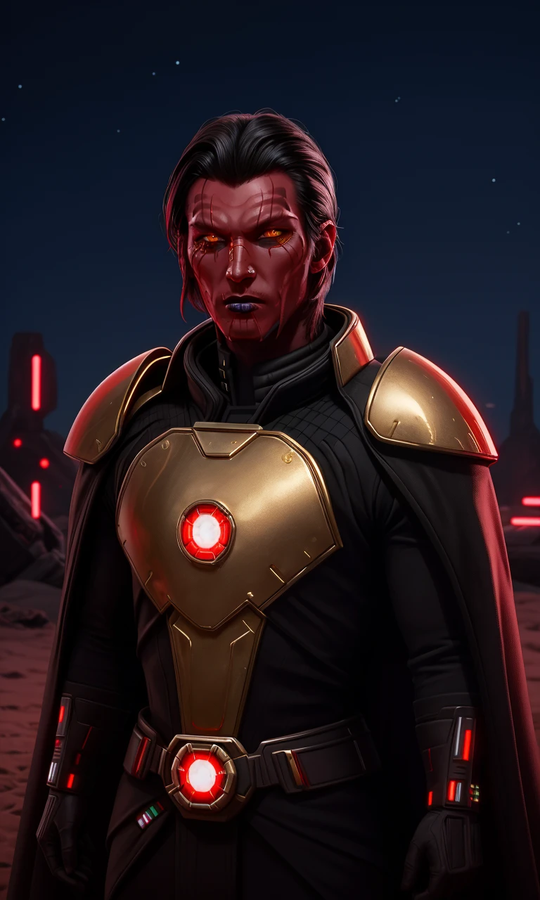 sthp2023, red alien, 1man, red skin, yellow eyes, gold face piercings, black hair, 8k, uhd, best quality, trending on arstation, masterpiece, raw image, skin pores, detailed skin, 5 fingers, gaunt, cape, outdoors, star wars