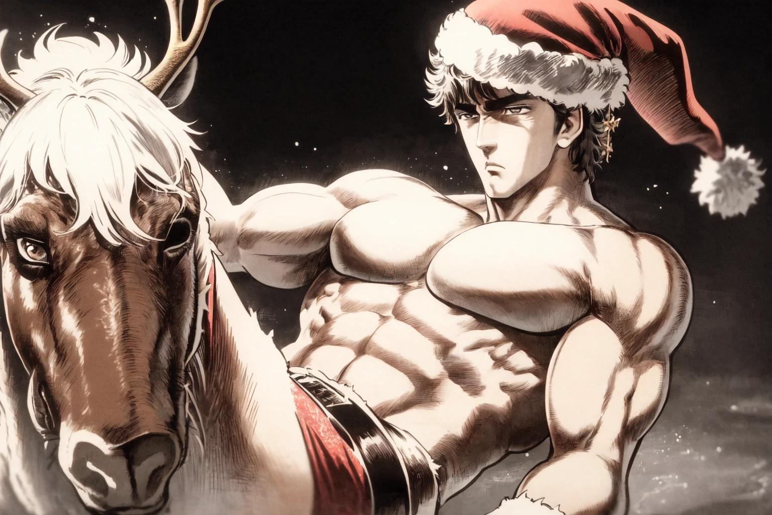 <lora:FistoftheNorthStar_ComicStyle-000060:0.8:lbw=outall>, 1boy, santa hat, bronde hair, muscular, 
reindeer, boy riding reindeer,, (best quality, masterpiece:1.3)