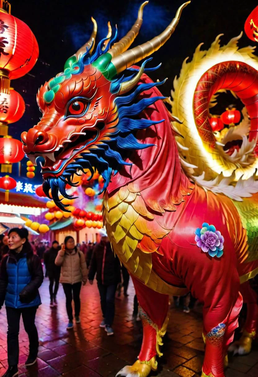 A vivid and ((multicolored Qilin), midnight, in a chinese red lantern festival street with people walking around), magnificent horns, vibrant feathers, majestic and legendary, captures attention with its vibrant hues, colorful high contrast, from china, festival of rich colors, hong kong, epic colors, formidable, rain, eyes lit, standing in the dark, anamorphic lens flares 4k, best of behance, holy flame crown spell, creative commons attribution, wallpaperflare, steven jung, trending on mentalray, hyper realstic, featured on pexels, big horn, highly beautiful, casting a magic spell, color overlay, =	,