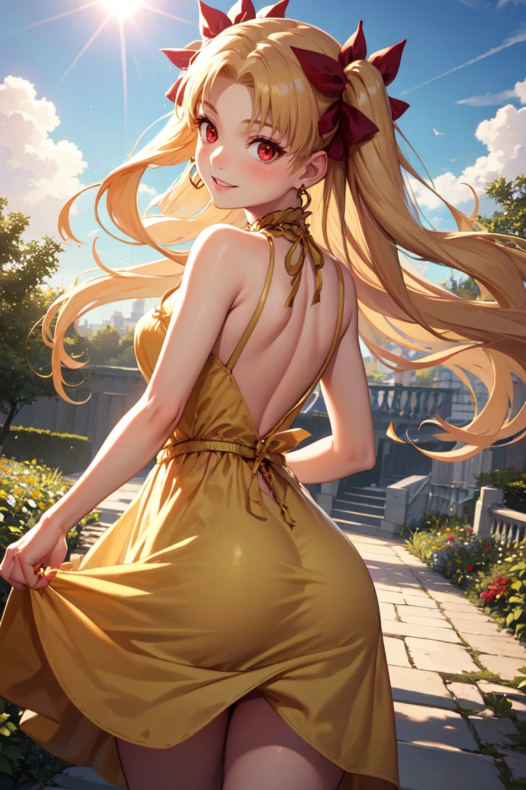 masterpiece, best quality, absurdres, Ereshkigal, two side up, hair ribbon, from behind, (yellow sundress), garden, day, sunshine, smile, looking back, red eyes, <lora:EreshkigalV2:1.0>