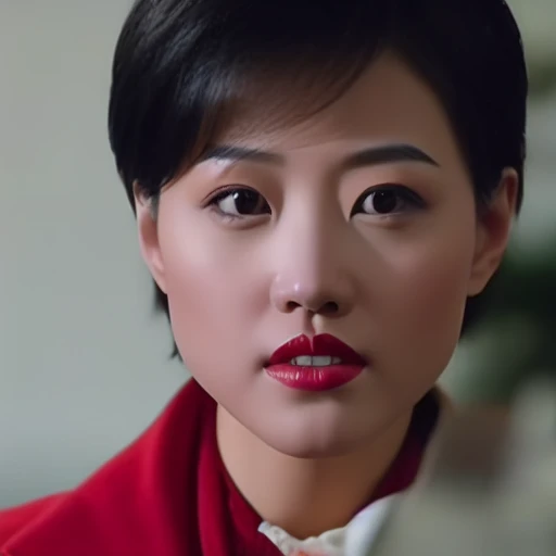 KathyChow, short hair, defined jawline, high cheekbones, almond-shaped eyes with dark irises, well-defined and arched eyebrows, a look of intensity or concentration, straight nose, refined nasal bridge. full lips, a red or crimson shade of lipstick.