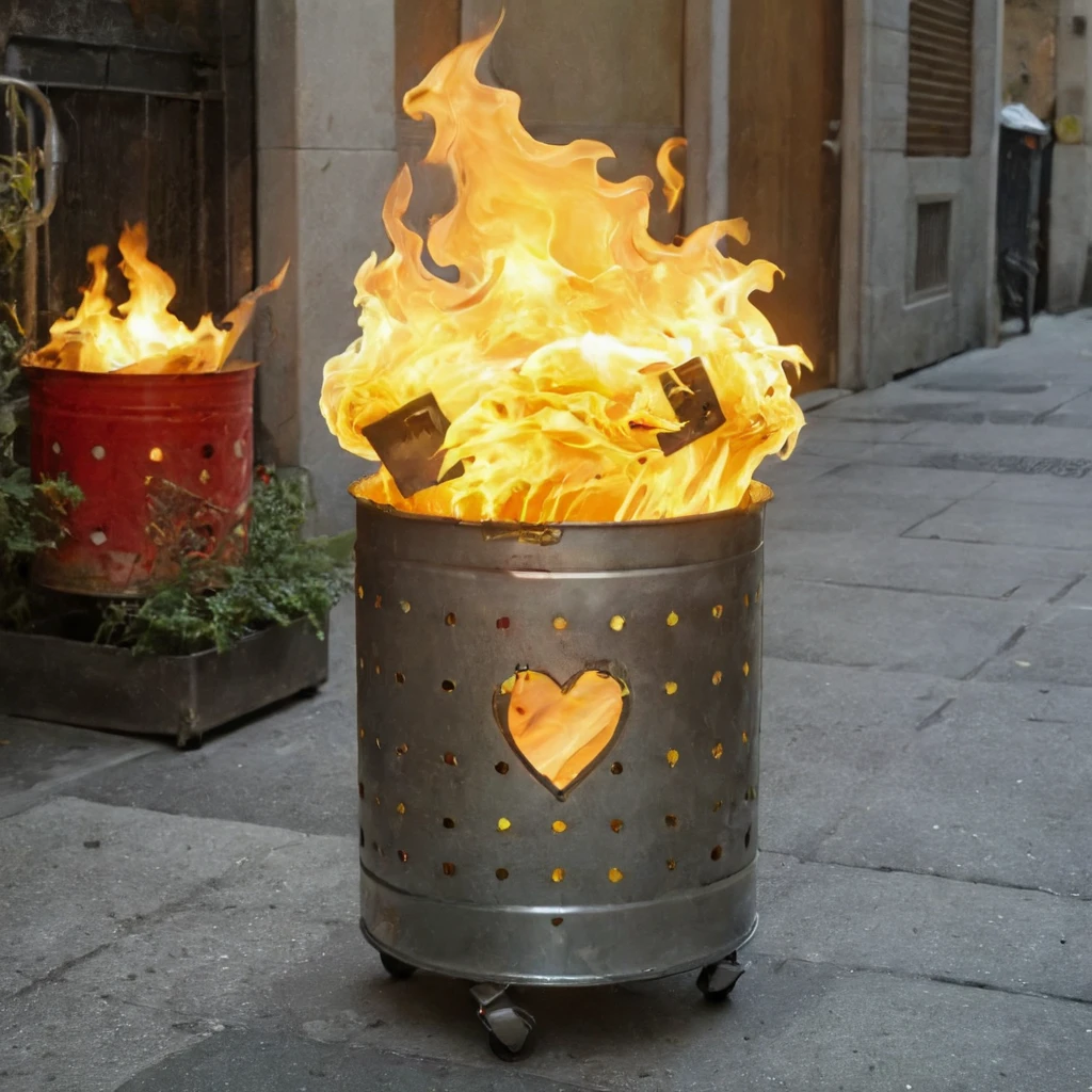 A woman is burning yellow paper items, resembling envelopes, in a wheeled metal bin that is full of flames, with some flames extending outside the bin. The metal bin has small holes and is decorated with red heart shapes. The woman is wearing gray leggings and is standing on a sidewalk. There is no visible text in the image.. <lora:money_bucket:0.65> <lora:fire_elemental-sdxl-prod-e:0.8> flame spirit