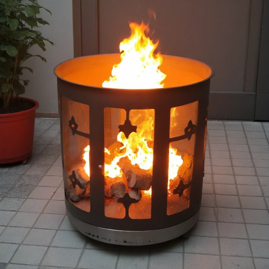 "An indoor scene showcasing a metallic mesh fire pit with multiple holes, burning vividly and placed on a concrete floor. The fire pit is designed with lively, leaping flames that cast a warm, dynamic glow around the room. Adding to this striking setting, numerous hands hover above the fire pit, their palms facing downward towards the heat. These hands are depicted in various positions, some close to the flames as if feeling the warmth, others slightly retracted, capturing a sense of movement and life around the fire. The emphasis is on the contrast between the cool, industrial feel of the concrete and metallic fire pit and the organic, dynamic warmth of the fire and hands <lora:money_bucket:0.6>,