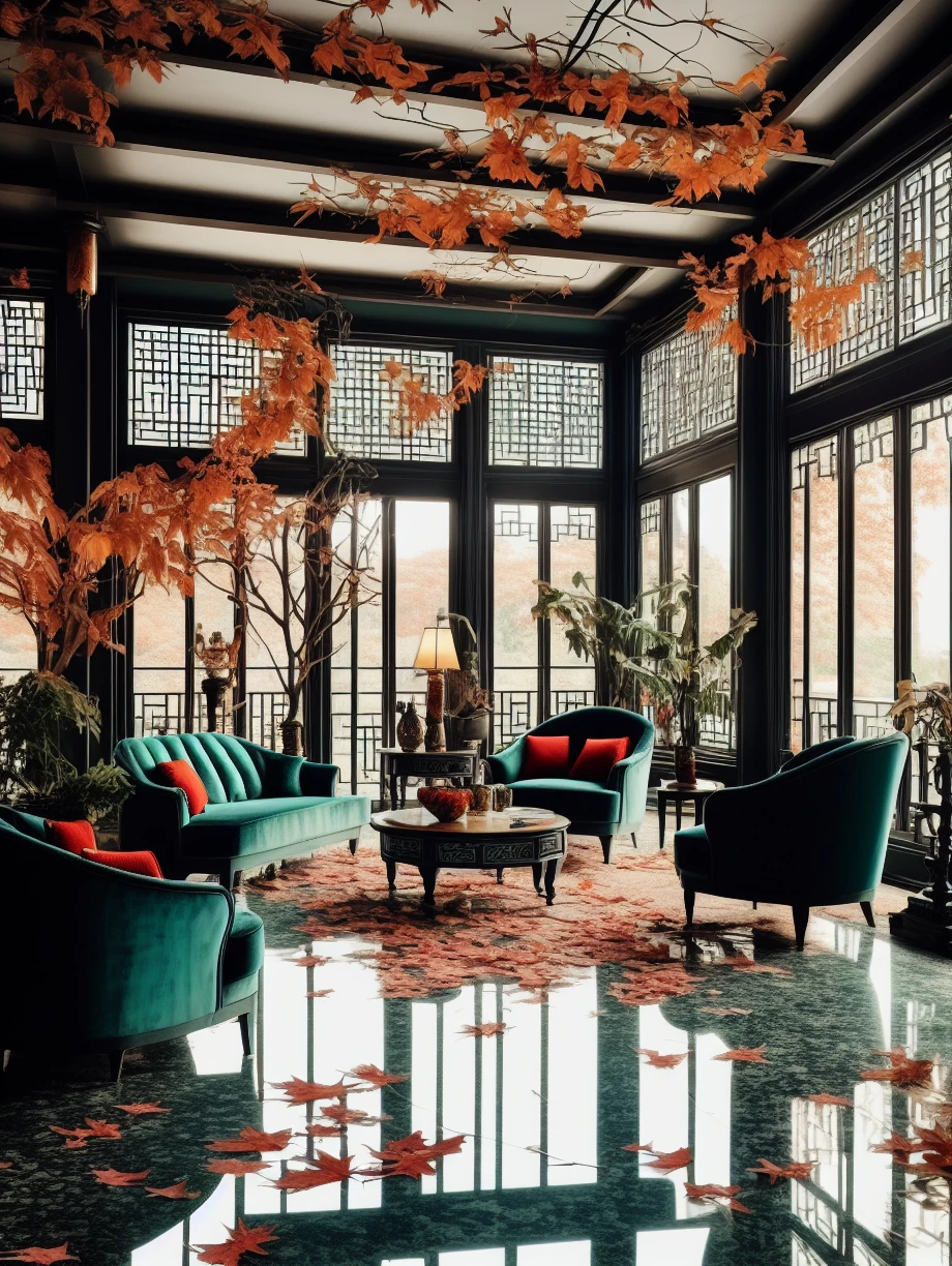 French Chinese style,no humans,scenery,window,reflection,couch,table,tree,indoors,lamp,chair,autumn leaves,reflective floor,leaf,restaurant,plant,<lora:JustinFrenchChinesestyle:0.7>,