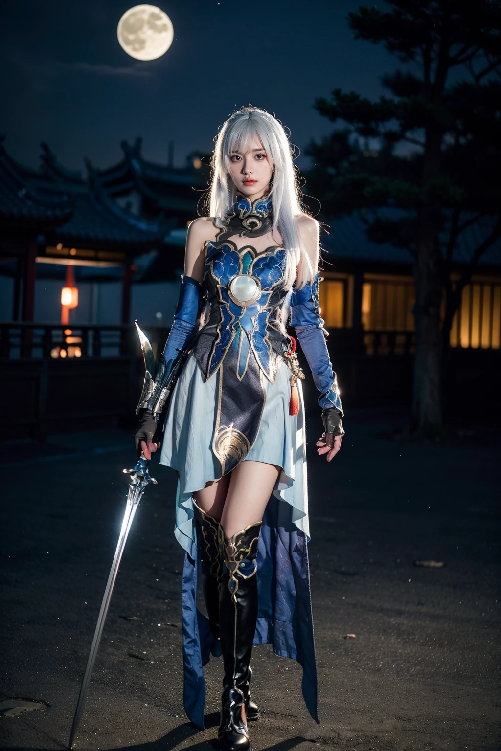 best quality, masterpiece, photorealistic, 1girl, solo, standing, looking at viewer, expressionless, closed mouth, jingliu cosplay, jingliu, cosplay, white hair, long hair, bare shoulders, detached sleeves, gloves, dress, thigh boots, boots, full body, chinese garden, (night:1.4), moon, holding sword, <lora:jingliu_cosplay_v2:0.65>