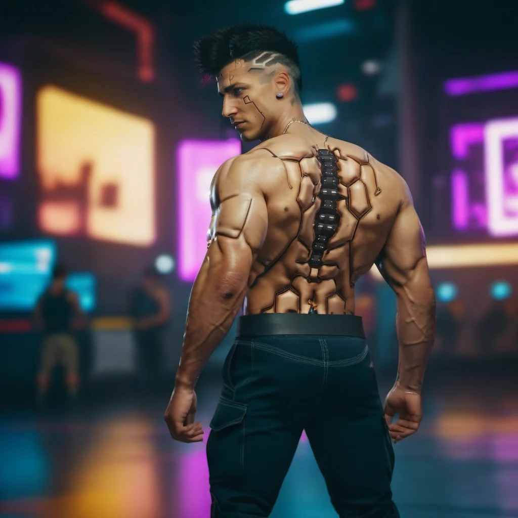 DavidMartinez1024, a very muscular man, shirtless, sideview, cargo pants, cyberpunk background, highly detailed, photography, ultra sharp, film, bokeh, professional, 64k  <lora:DavidMartinez1024:0.8>