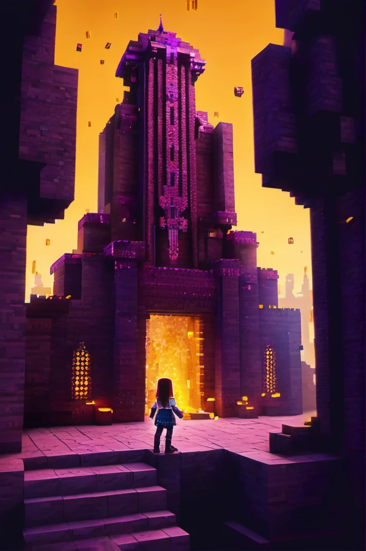 girl in Minecraft: Nether Stronghold: A fortress built from dark materials within the Nether, filled with aggressive mobs and valuable resources. with many details,