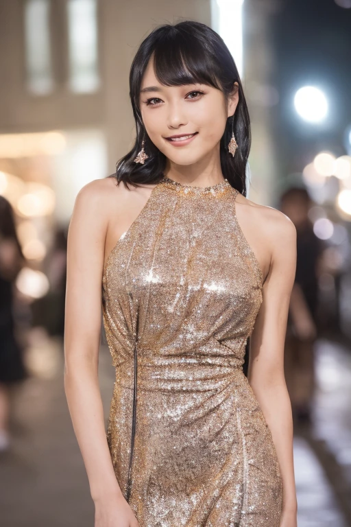 1girl,(wearing a sleeveless glittery evening dress:1.4),(RAW photo, best quality), (realistic, photo-realistic:1.4), masterpiece, an extremely delicate and beautiful, extremely detailed, 2k wallpaper, Amazing, finely detail, extremely detailed CG unity 8k wallpaper, ultra-detailed, highres, soft light, beautiful detailed girl, extremely detailed eyes and face, beautiful detailed nose, beautiful detailed eyes,cinematic lighting,city lights at night,perfect anatomy,slender body,smiling.bokeh, <lora:taharamomo_lora:0.7>